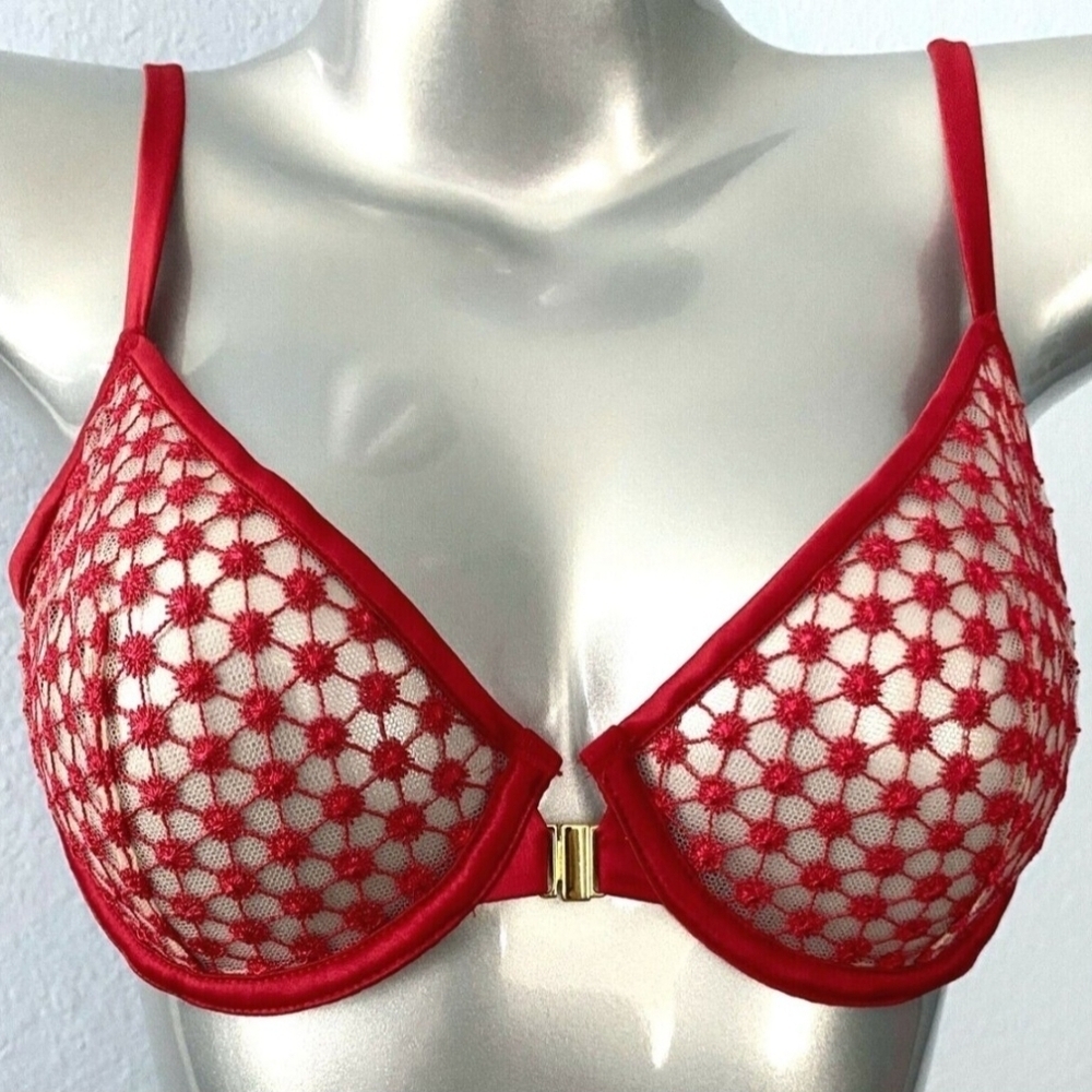 Victoria's Secret Size 32D red Unlined demi sheer bra front close Sexy
